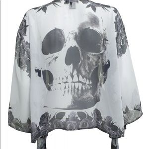 Grey soft sheer tunic kimono skull roses boho